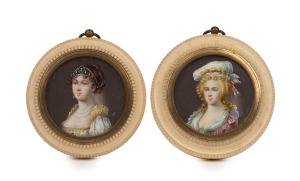 A pair of antique hand-painted miniature portraits of ladies housed in circular ivory frames, 19th century, 6cm diameter each overall.
