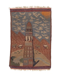 A hand-knotted Persian rug with minaret tower scene, ​​​​​​​127 x 83cm.
