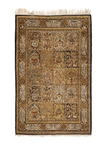 A fine Persian quality hand-knotted silk rug on blue and olive green ground, ​​​​​​​177 x 108cm