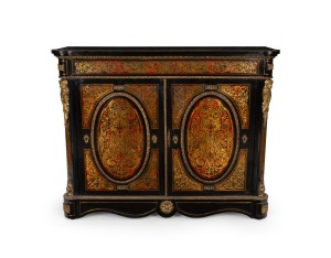 An antique French boule two door pier cabinet with brass inlaid doors on tortoise shell with applied ormolu mounts, 19th century, ​​​​​​​106cm high, 134cm wide, 43cm deep.
