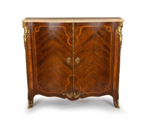 A fine quality antique French serpentine front pier cabinet, strikingly&nbsp;veneered in oyster cut kingwood&nbsp;and banded amaranth, handsomely decorated with ormolu mounts and Sienna marble top, 19th century, 119cm high, 138cm wide, 57cm deep.