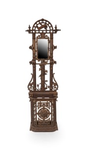An antique French cast iron hallstand, 19th century, ​​​​​​​182cm high, 55cm wide, 25cm deep.