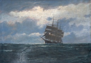ARTIST UNKNOWN, (tallship at sea), oil on canvas, signed lower left (illegible), ​​​​​​​70 x 100cm, 102 x 133cm overall.