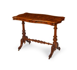 An antique English burr walnut occasional table with stretcher base, 19th century, ​​​​​​​73cm high, 98cm wide, 51cm deep