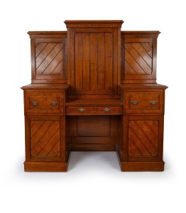 An antique English oak secretaire desk with drop-front revealing pigeonhole compartments, late 19th century, 168cm high, 156cm wide, 66cm deep