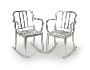 PHILIPPE STARCK for Emeco:&nbsp;"Heritage Rockers",&nbsp;hand-polished chrome aluminium, circa 2001. Note: Design is a modern take of the Emeco "1006 Navy" chair.
