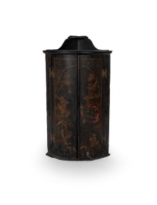 An antique Georgian chinoiserie&nbsp;corner cabinet with black lacquer finish and butterfly hinges, mid 18th century, 104cm high, 59cm wide, 40cm deep