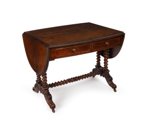 An antique French rosewood sofa table with barley twist cross stretcher base, drop-side and gadrooned edge, early to mid 19th century, 75cm high, 90cm wide (extends to 160cm), 95cm deep