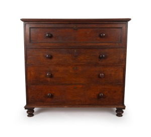 A fine antique English mahogany secretaire chest of four drawers with thumbnail mouldings, solid cuts of mahogany and well fitted secretire&nbsp;drawer with original S. Mordan & Co. of London locks, circa 1850, 118cm high, 122cm wide, 56cm deep