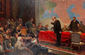 (after) Leonid Shmatko, V.I. Lenin at the GOELRO, oil on canvas, depicting&nbsp;the&nbsp;GOELRO plan (December 22, 1920) for electrification of Russia.&nbsp;The Soviet Unions 8th all Russian congress&nbsp;in Moscow, adopts economists Gleb Krzhizhanovsky's economic plan that 