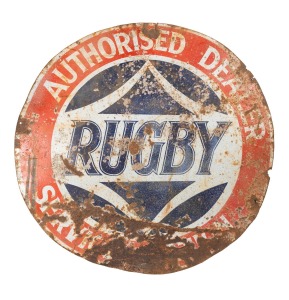 "RUGBY AUTHORISED DEALER SERVICE STATION", vintage round tin enamel sign, early to mid 20th century, ​​​​​​​91cm diameter.