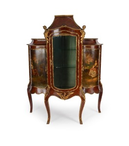 An impressive antique French palisander breakfront three door vitrine with romantic hand-painted shaped panels and ormolu mounts, 19th century, ​​​​​​​177cm high, 140cm wide, 46cm deep.