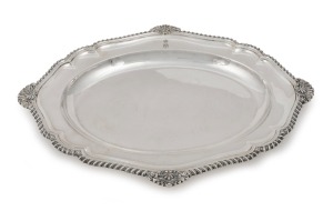 ASPREY vintage English sterling silver tray with hallmarked for 1953 and includes the visage of King Faisal II of Iraq as part of the hallmarks and engraved with the royal cypher for the late King. 41cm wide, an impressive 1940 grams.