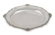 ASPREY&nbsp;vintage English sterling silver tray with&nbsp;hallmarked&nbsp;for 1953 and includes the visage of King Faisal II of Iraq as part of the hallmarks and engraved&nbsp;with the royal cypher for the late King. 41cm wide, an impressive 1940 grams.