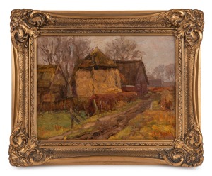 ARTIST UNKNOWN, (farm buildings), oil on board, signed lower right "R. H.", 24 x 32cm, 35 x 43cm overall