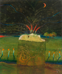 HUGH OLIVEIRO&nbsp;(1938 - ), (abstract face in night sky), oil on board, signed lower right "Oliveiro, '75", ​​​​​​​29 x 24cm, 38 x 32cm overall