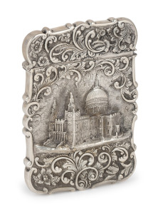 NATHANIEL MILLS "St. Pauls Cathedral" (castle top) antique English sterling silver calling card case with impressive repousse decoration, made in Birmingham, circa 1844, 10cm high, 70 grams.
