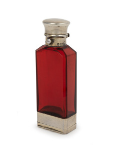 SAMPSON MORDAN fine quality antique English ruby glass and sterling silver scent bottle with rare vinaigrette base and remains of gilt wash finish, hallmarked for London, circa 1863, 10cm high