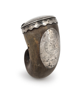 5 · An antique Scottish horn and silver mounted snuff mull, engraved "John Ross" to the top with family crest and inscription to the front dated 1782, 8cm high
