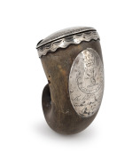 An antique Scottish horn and silver mounted snuff mull, engraved "John Ross" to the top with family crest and inscription to the front dated 1782, 8cm high