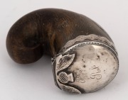 An antique Scottish horn and silver mounted snuff mull, engraved "John Ross" to the top with family crest and inscription to the front dated 1782, 8cm high - 2