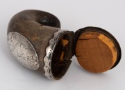 An antique Scottish horn and silver mounted snuff mull, engraved "John Ross" to the top with family crest and inscription to the front dated 1782, 8cm high - 3