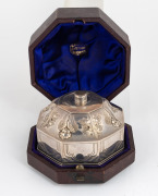 An antique sterling silver chalice cup (in two sections), with repousse angel decoration and housed in original plush fitted box, made in London, circa 1875, bearing church inscriptions to base, the cup 10cm high, 188 grams - 3