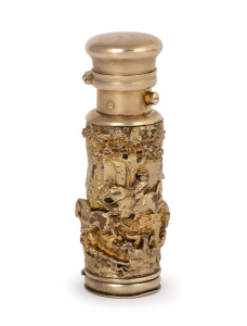 SAMPSON MORDAN rare antique English sterling silver and bronze scent bottle with vinaigrette base, handsomely cast with equestrian forest hunting scene, circa 1880, 8.5cm high