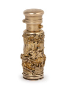 SAMPSON MORDAN&nbsp;rare antique English sterling silver and bronze scent bottle with vinaigrette base, handsomely cast with equestrian forest hunting scene, circa 1880, 8.5cm high