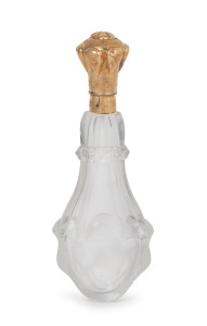 59 · An antique Continental rock crystal tear drop shaped scent bottle with 14ct gold top and collar, circa 1860s, 11cm long