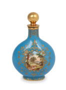 COALPORT antique English turquoise&nbsp;and gilt porcelain scent bottle with hand-painted landscape vignettes front and back, 19th century, green factory mark to base, 13.5cm high