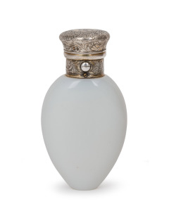 An antique English opaline glass scent bottle with sterling silver top by Thomas Mellish, engraved with crown and monogram crest, made in London, circa 1865, 9cm high