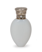 An antique English opaline glass scent bottle with sterling silver top by Thomas Mellish, engraved with crown and monogram crest, made in London, circa 1865, 9cm high