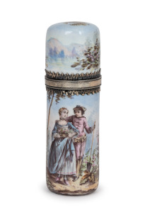 A fine quality antique French enamel and silver cylindrical scent bottle with original glass stopper, interior with rose gold wash finish, 19th century, 7.5cm high