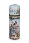 A fine quality antique French enamel and silver cylindrical scent bottle with original glass stopper, interior with rose gold wash finish, 19th century, 7.5cm high