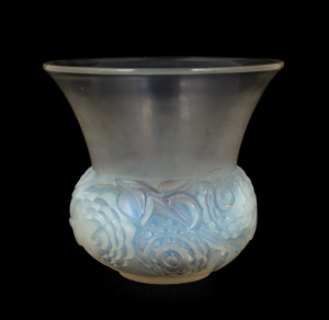 LALIQUE French Art Deco opalescent glass vase with floral motif, engraved "R. Lalique, France", 15cm high, 17cm diameter