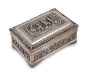 A Burmese silver casket ornately adorned with repousse figural decoration on all sides, interior lined in rainforest hardwood, 8cm high, 15cm wide, 10cm deep, 612 grams total (including timber lining)