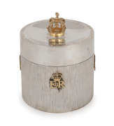 "THE SILVER WEDDING OF THE QUEEN & THE DUKE OF EDINBURGH, 1947- 20th NOVEMBER, 1972" English sterling silver tea caddy with royal cyphers and crown finial finished in gilt decorated highlights, 13cm high, 11cm diameter, 517 grams