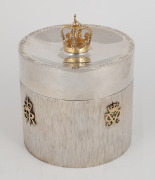 "THE SILVER WEDDING OF THE QUEEN & THE DUKE OF EDINBURGH, 1947- 20th NOVEMBER, 1972" English sterling silver tea caddy with royal cyphers and crown finial finished in gilt decorated highlights, 13cm high, 11cm diameter, 517 grams - 2