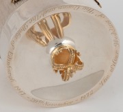 "THE SILVER WEDDING OF THE QUEEN & THE DUKE OF EDINBURGH, 1947- 20th NOVEMBER, 1972" English sterling silver tea caddy with royal cyphers and crown finial finished in gilt decorated highlights, 13cm high, 11cm diameter, 517 grams - 3