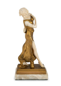 ALEXANDOR (SANDOR) GARAY (Hungary, 1870-1916) Antique gilt bronze and carved ivory statue of a dancing lady, mounted on a white onyx base, early 20th century, signed by the artist to the plinth and inscribed "AKT. Ges. Gladenbeck. Berlin", 26.5cm high overall