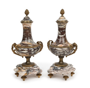 A pair of antique French marble cassolette urns with ormolu mounts and feet, 19th century, 44cm high