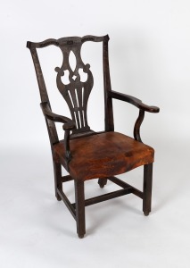 An antique English oak armchair with elm back splat, 18th century. Note: later carved inscription to the top rail "SIR ALEXANDER FALCONER, 1648", 106cm high, 61cm across the arms.