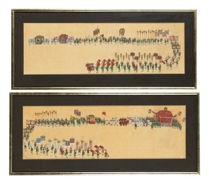 A pair of framed antique Chinese processional paintings, the larger 36 x 83cm overall