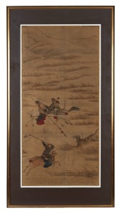 An antique Chinese painting depicting a tiger hunt, 19th/20th century, 91 x 45cm, 116 x 62cm overall