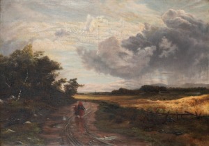 ARTIST UNKNOWN, (mother and child in English country landscape), oil on canvas, signed lower right, 61 x 85cm, 75 x 101cm overall.