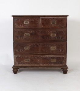An antique Anglo-Indian rosewood two part travelling chest with all over gadrooned&nbsp;decoration, most likely Bombay, early to mid 19th century, 116cm high, 109cm wide, 42cm deep