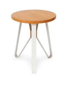 MONASH by GOLDSWORTHY New Zealand made circular side table with white metal tri-form base, bearing label, 46cm high, 38cm diameter