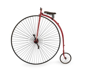 PENNY FARTHING antique bicycle with red painted finish,&nbsp; 140cm high, 47 inch wheel
