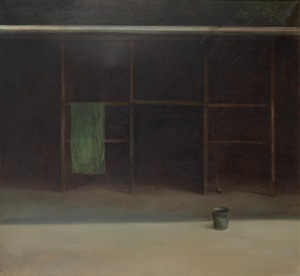 BRYAN WESTWOOD (1930-2000), ​​​​​​​(interior scene with broom and bucket), oil on canvas, 90 x 99cm, 104 x 112cm overall